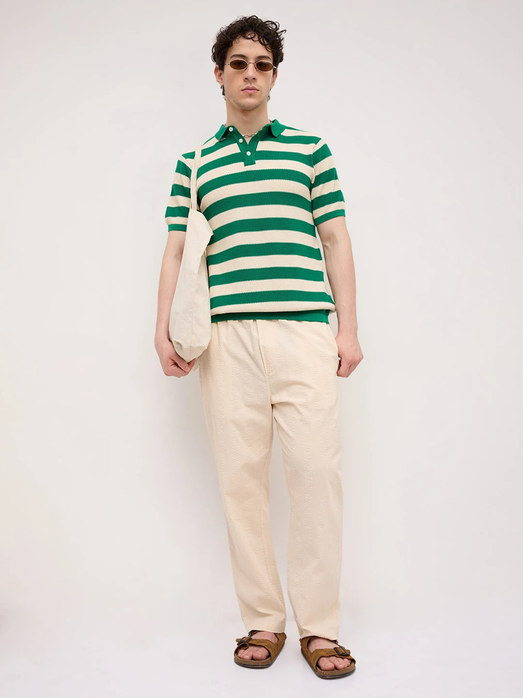 Emerald Green Coast Striped Flat Knit Polo T-Shirt