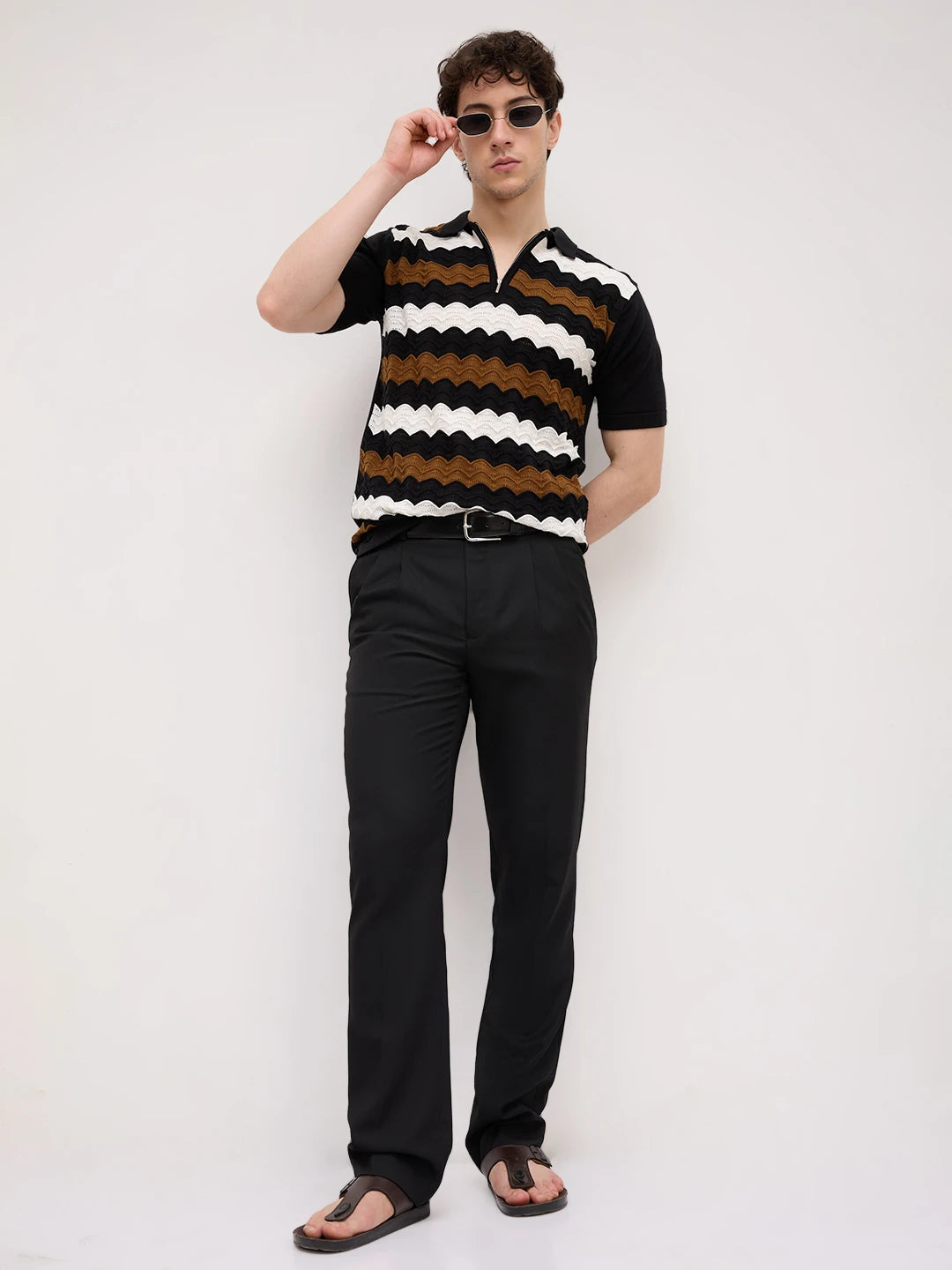 Brown & White Scallop Zip Weave Flat Knit Polo T-Shirt