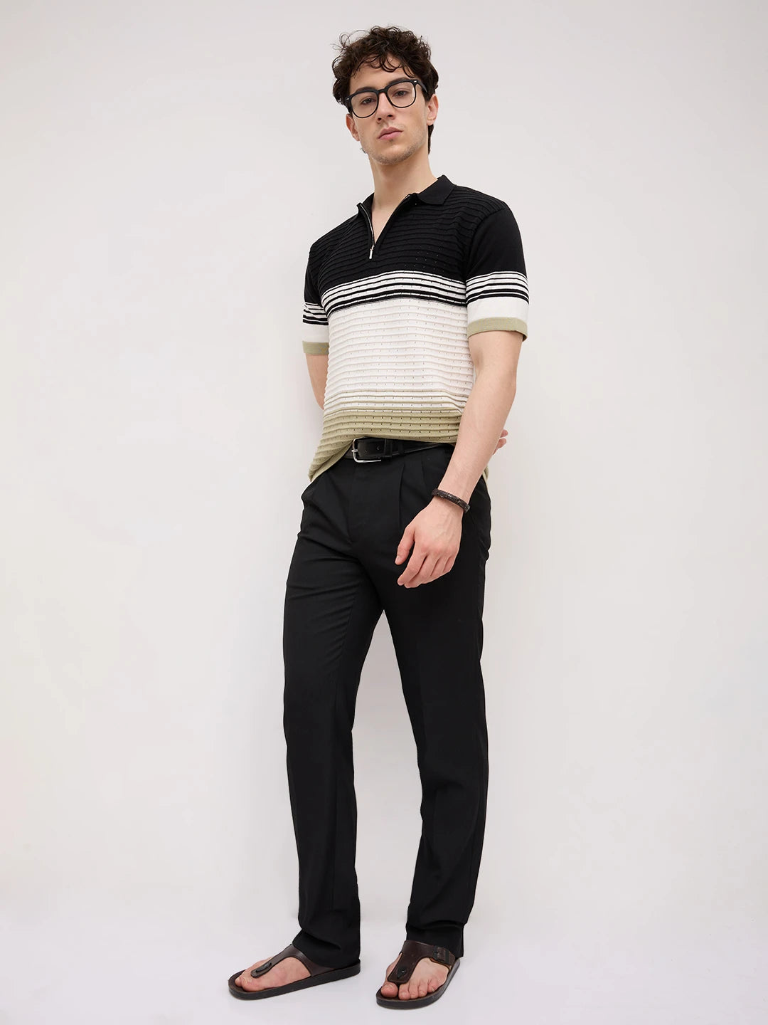 Seaside Contrast Panel Weave Flat Knit Polo T-Shirt