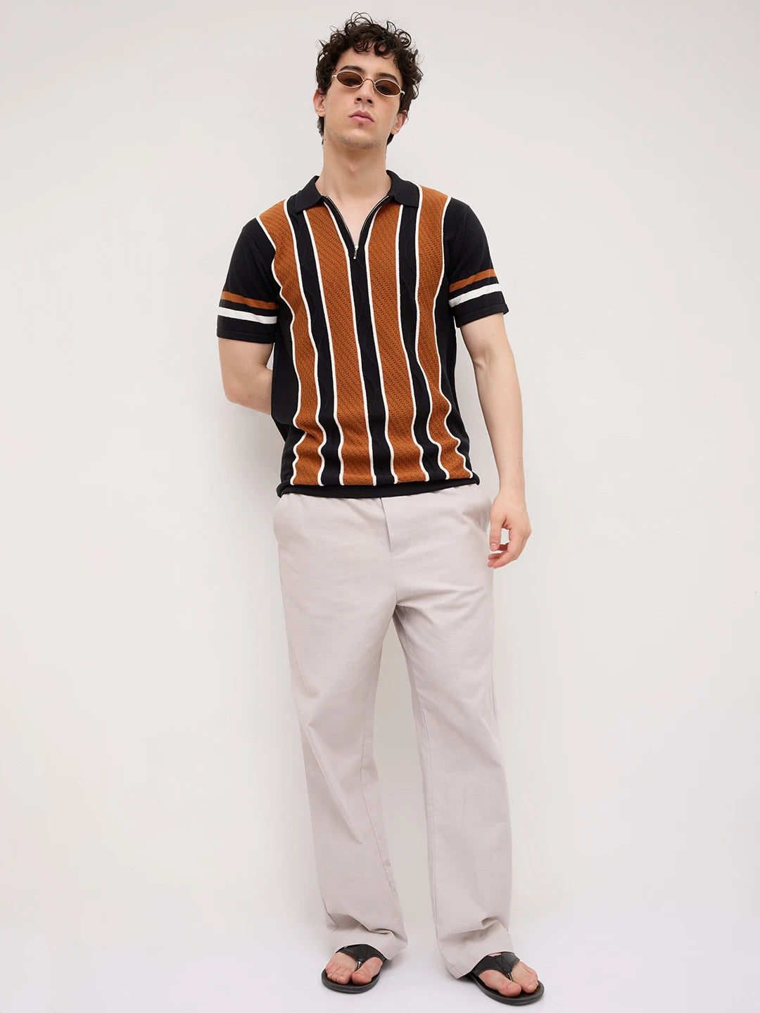 Rust Artisian Panel Striped Polo Zip Flat Knit T-shirt