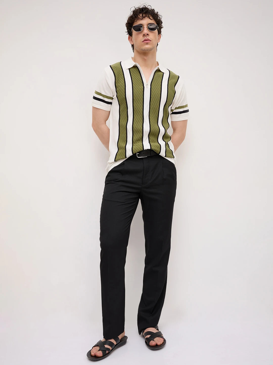 White Artisian Panel Striped Polo Zip Flat Knit T-shirt