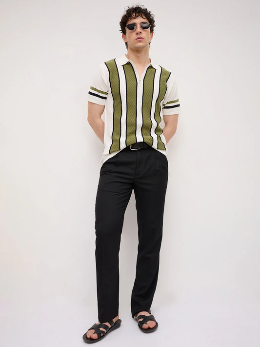 White Artisian Panel Striped Polo Zip Flat Knit T-shirt