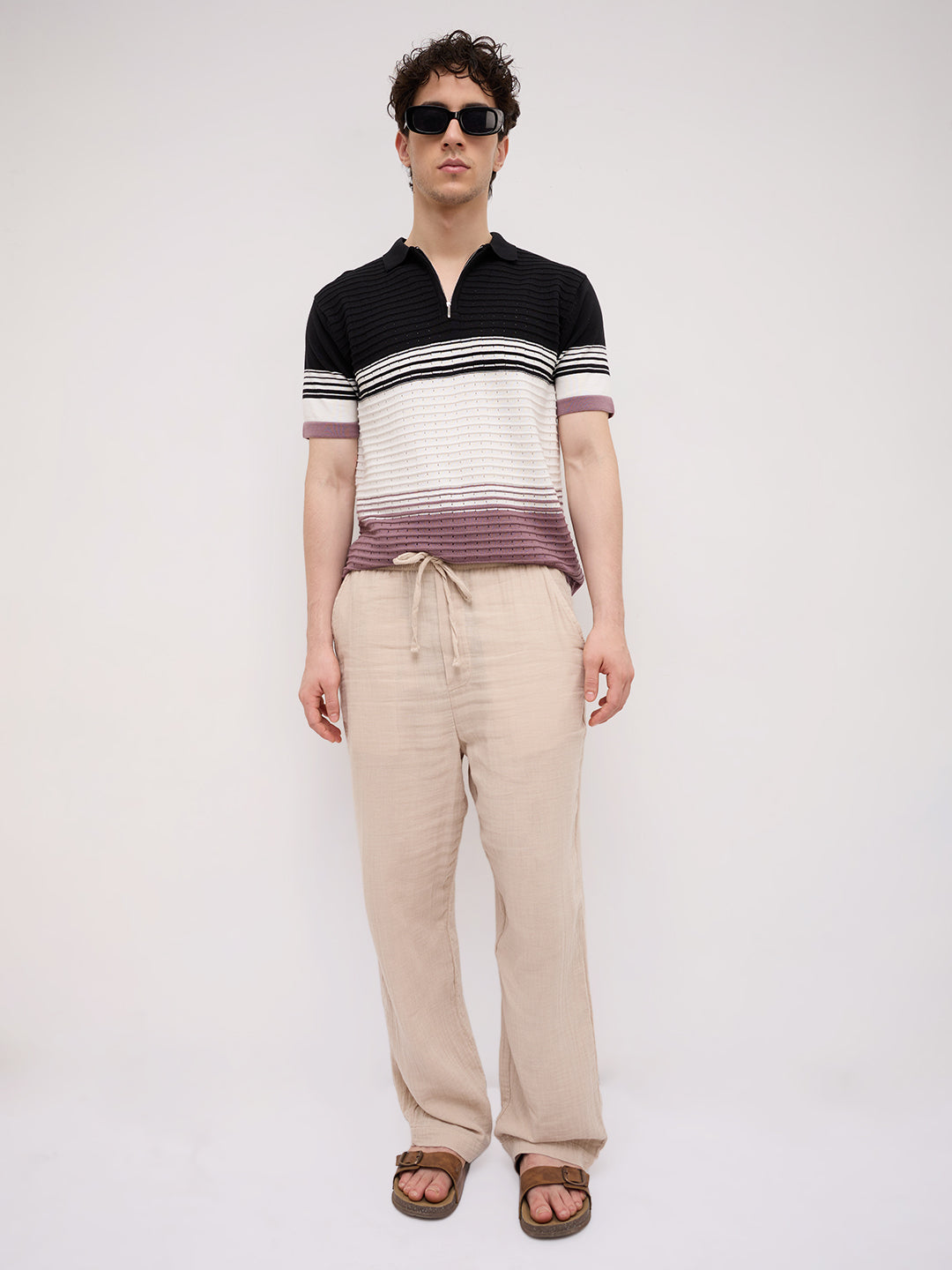 Twilight Horizon Panel Weave Zip Knit Polo T-Shirt