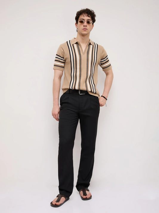 Beige Vertical Striped Flat Knit Zip Polo T-Shirt