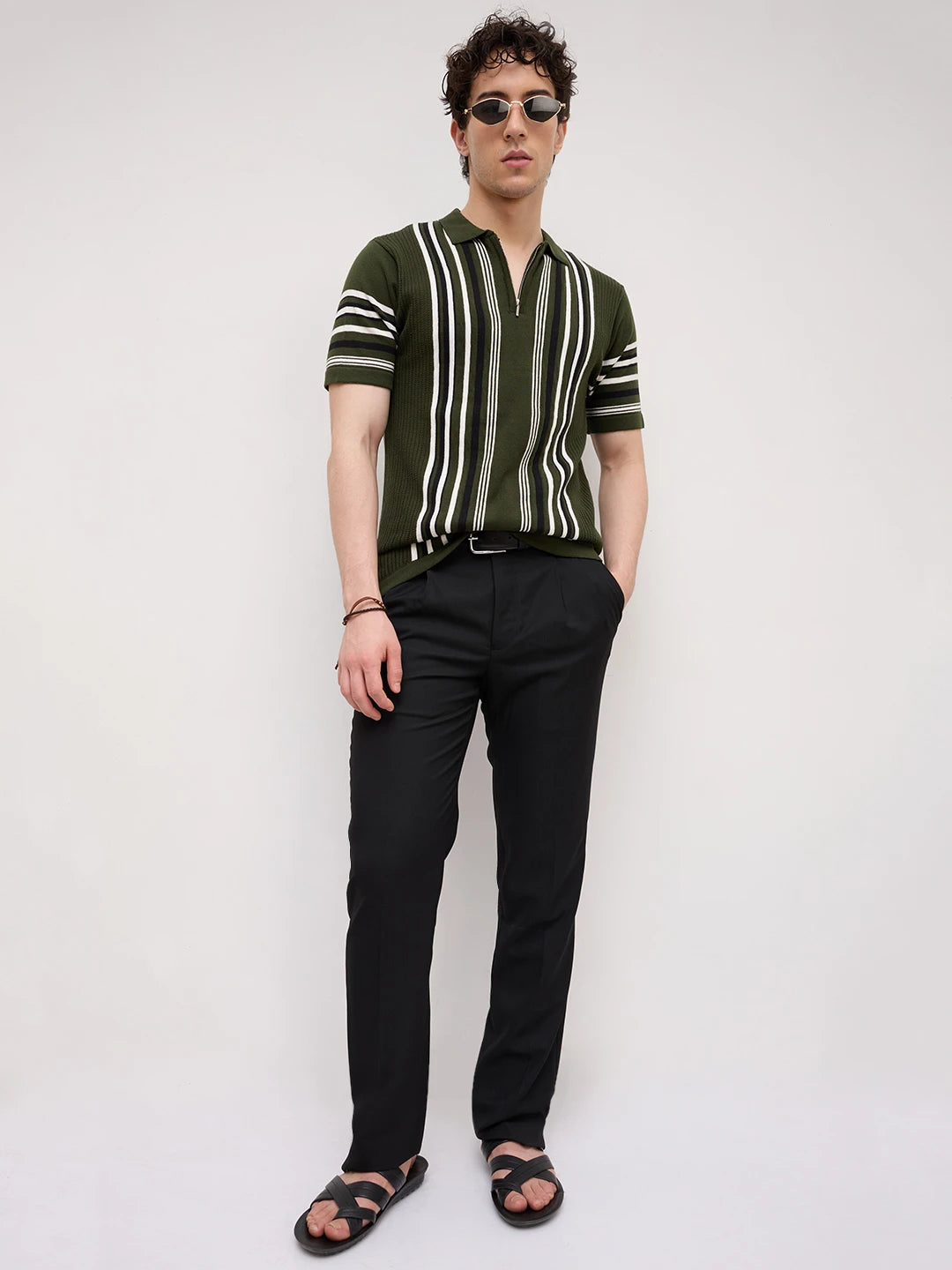 Deep Olive Vertical Striped Flat Knit Zip Polo T-Shirt