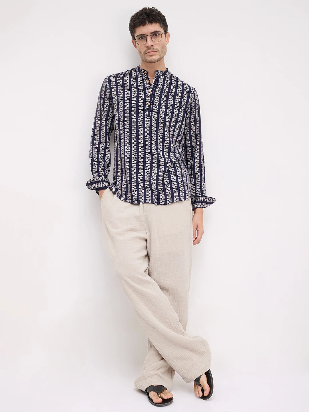 Navy & White Ethnic Motifs Printed Kurta