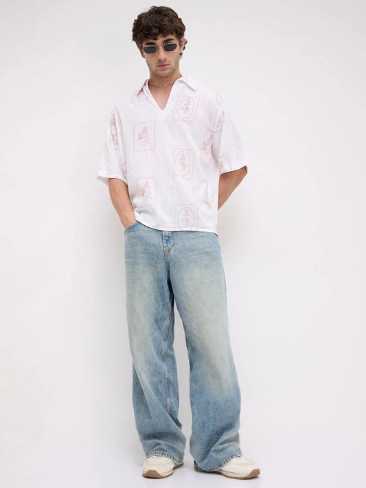 Old Rose Pink Florèal Frame Embroidery Polo Oversized Shirt