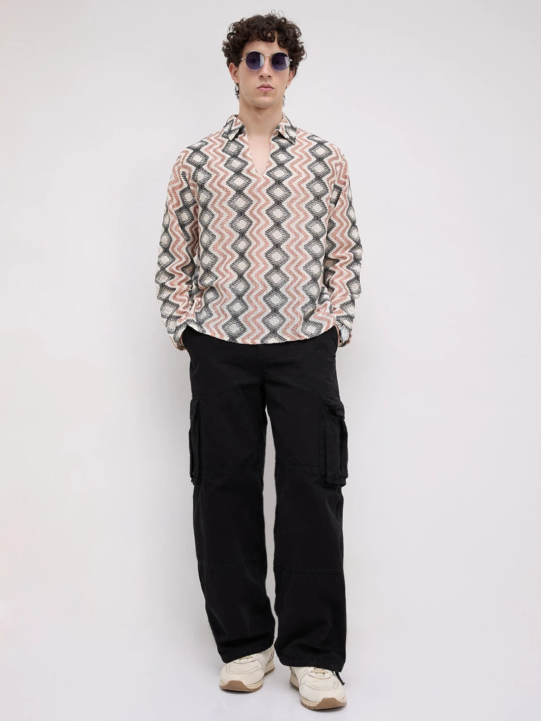 Retro Drift Chevron Striped Crochet Polo Oversized Shirt