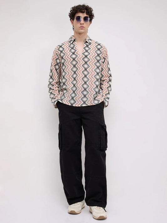 Retro Drift Chevron Striped Crochet Polo Oversized Shirt