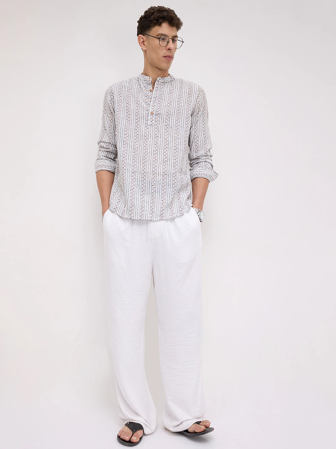Coastal Mist Linen Blend Striped Kurta