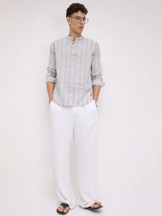 Coastal Mist Linen Blend Striped Kurta