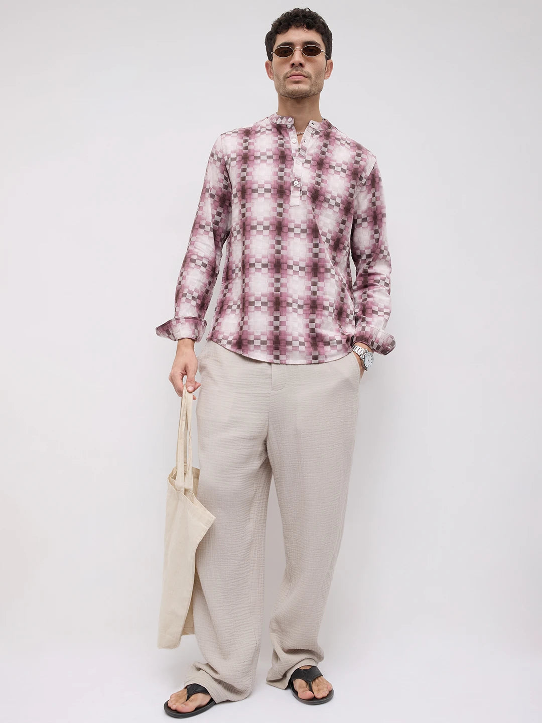 Turkish Rose Pink Pixel Block Checks Kurta