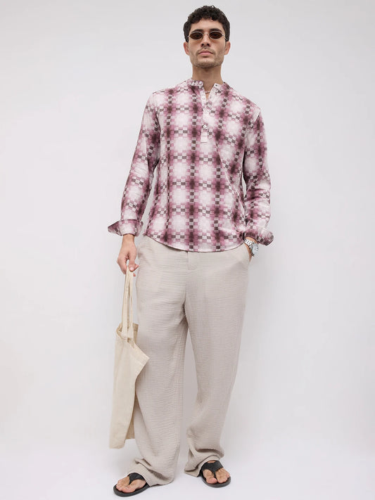 Turkish Rose Pink Pixel Block Checks Kurta