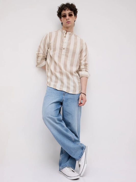 Beige & Ivory Striped Jacquard Kurta