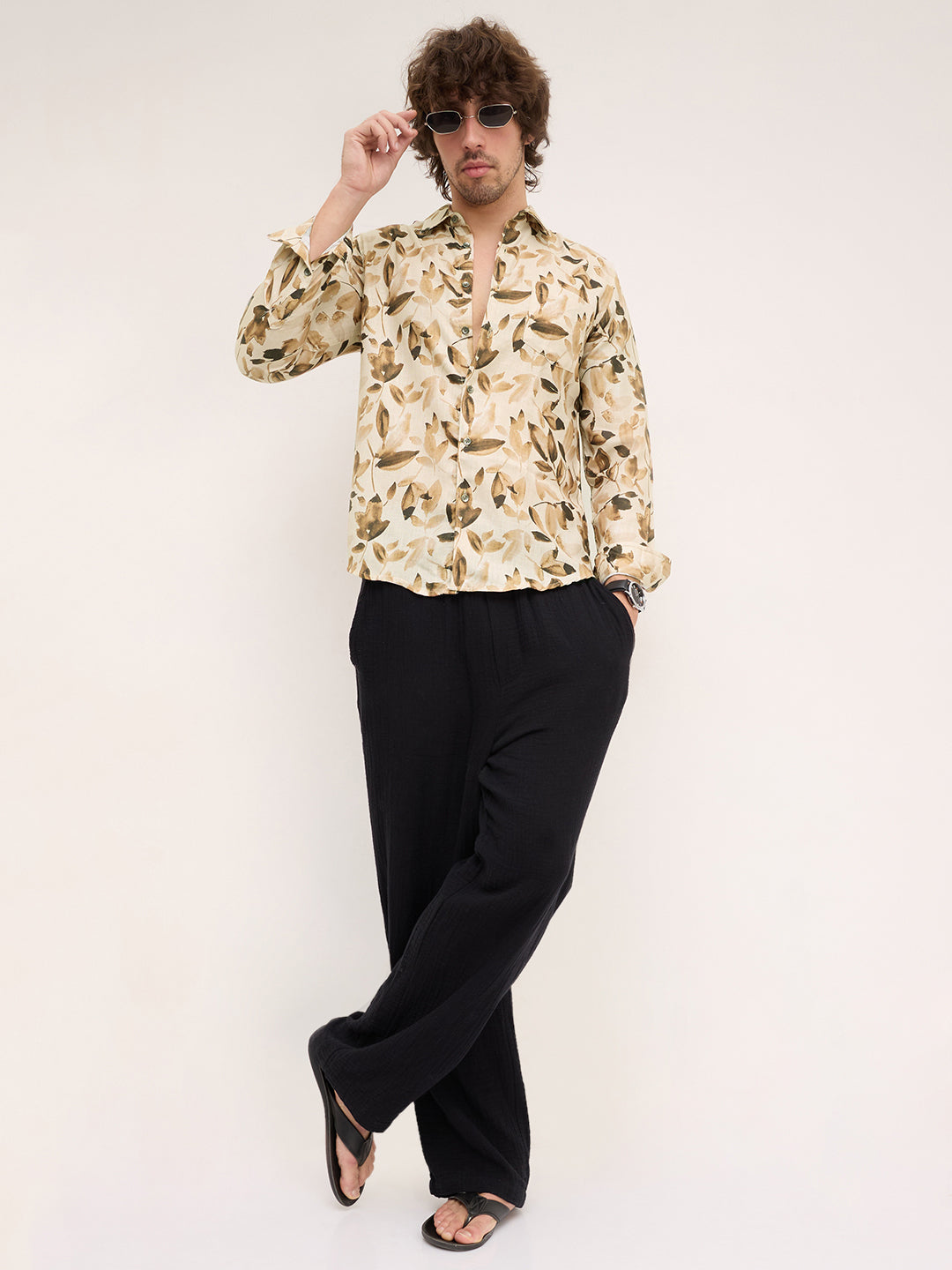 Camel Beige Artistic Floral Printed Shirt