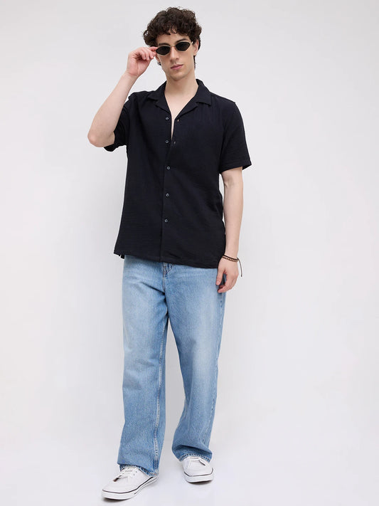 Black Double Cloth Notch Collar Oversized Shirt