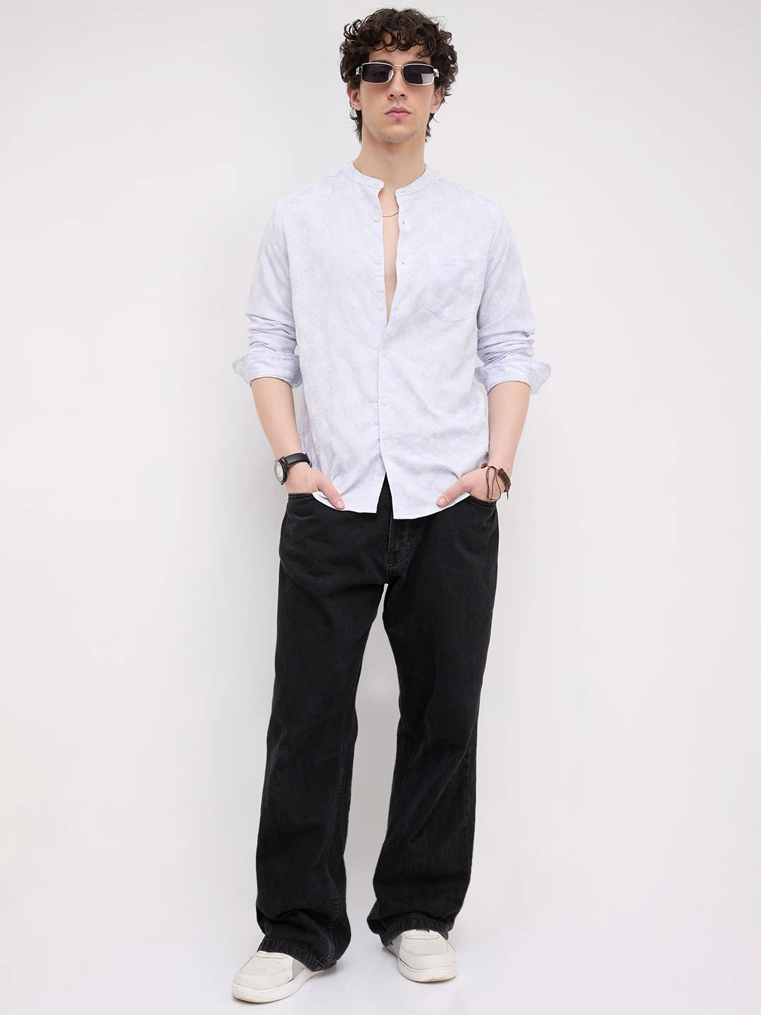 Cool Blue Floral Intricate Creased Mandarin Shirt
