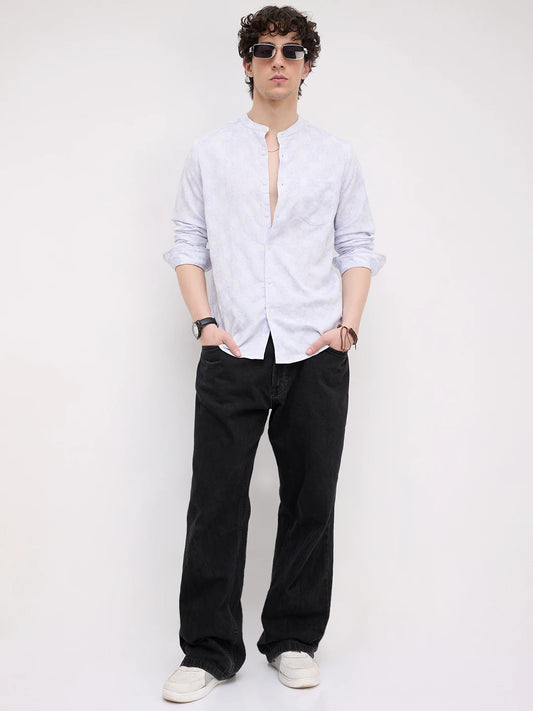 Cool Blue Floral Intricate Creased Mandarin Shirt