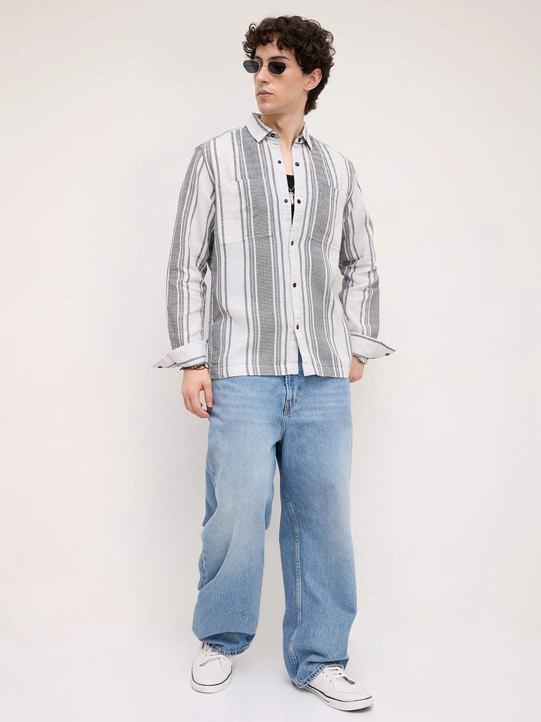 Refined White Double Pocket Waffle Striped Shirt