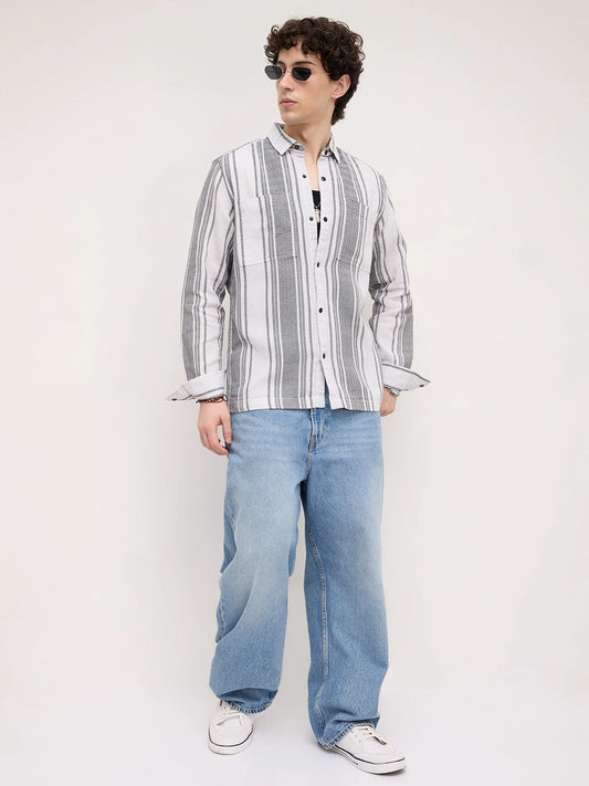 Refined White Double Pocket Waffle Striped Shirt