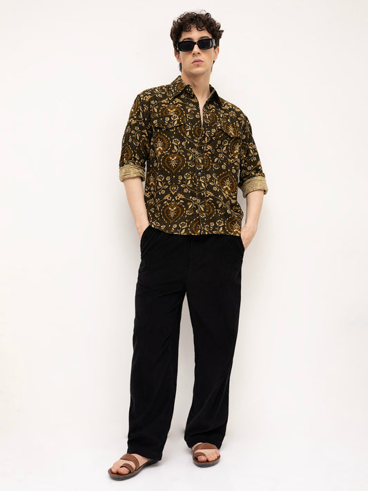 Olive Floral Paisley Printed Double Pocket Corduroy Shirt