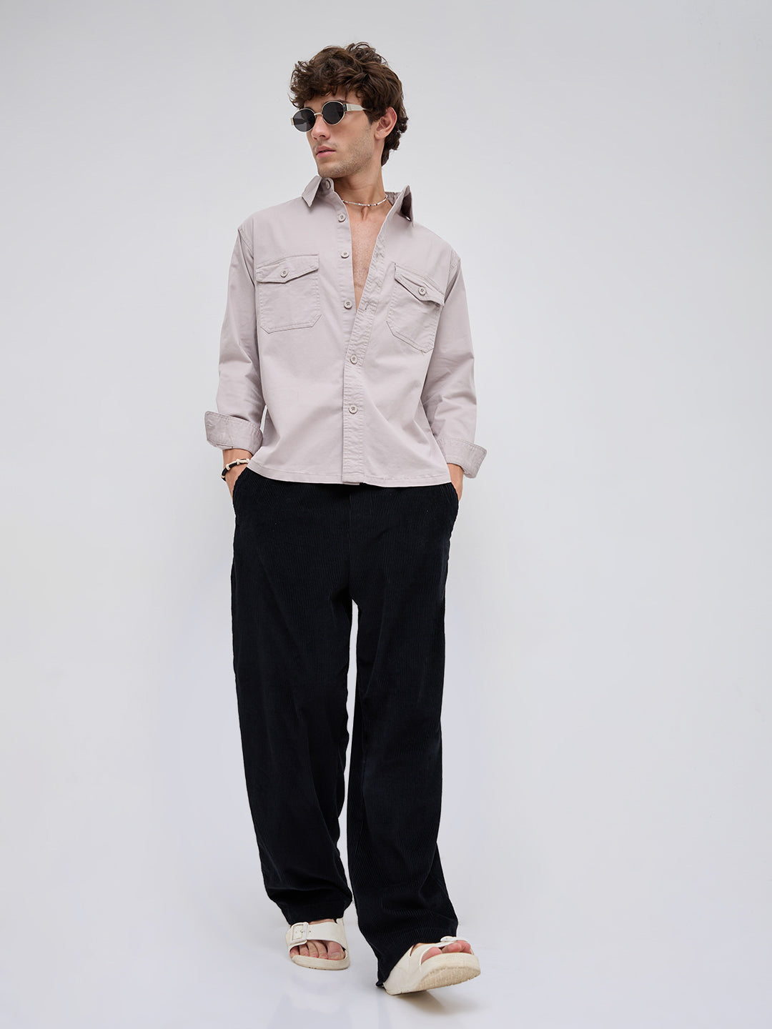 Solid Bone Grey Double Pocket Overshirt