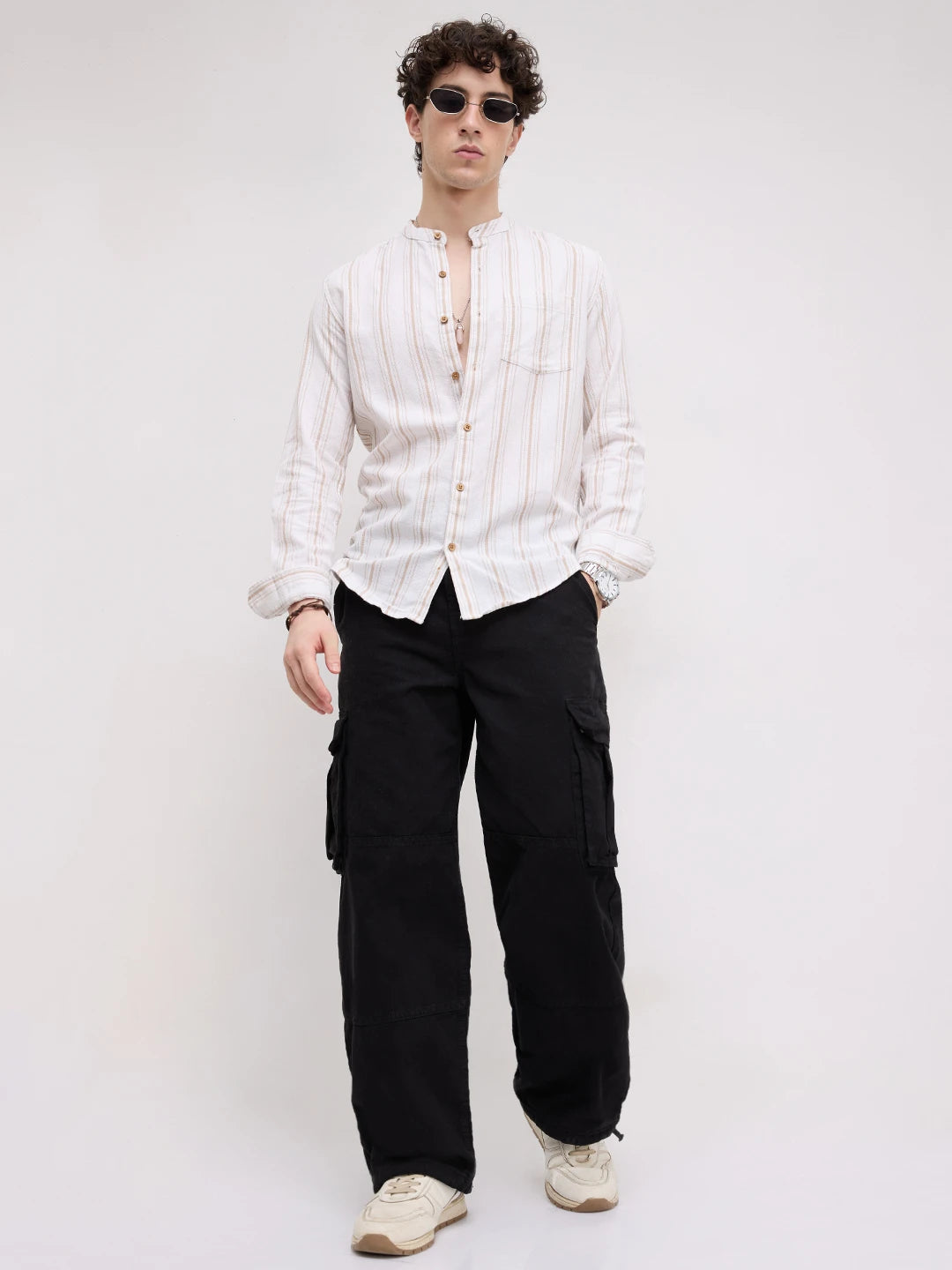 Beige & White Stripes Mandarin Shirt
