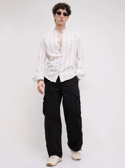 Beige & White Stripes Mandarin Shirt