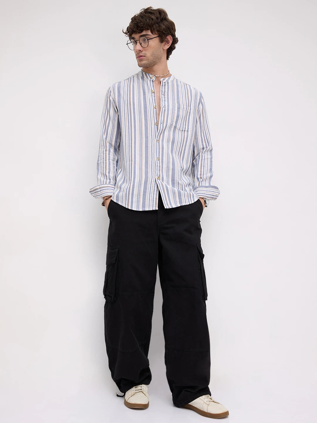 Blue & White Vertical Stripes Mandarin Shirt