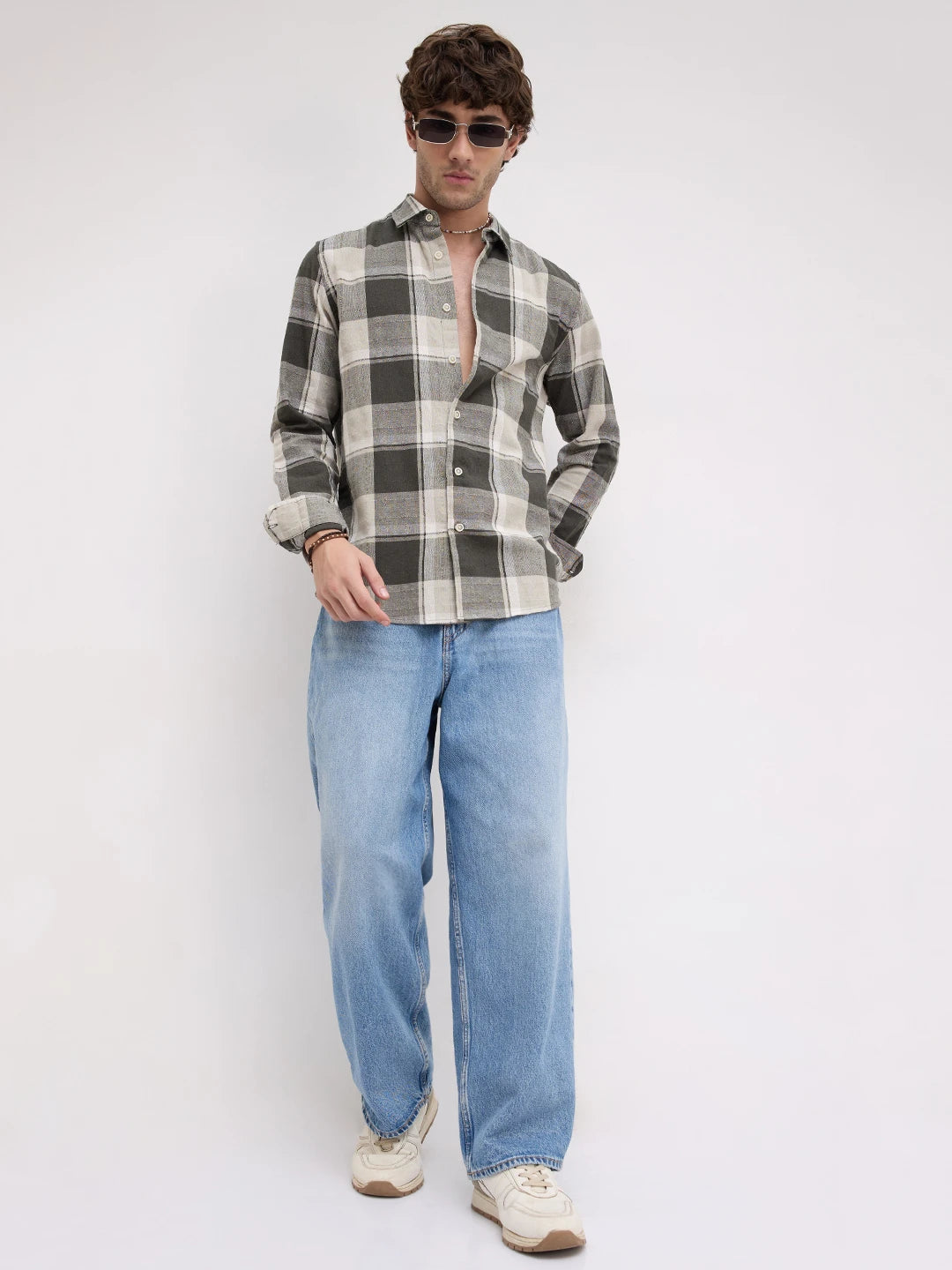 Dark Army Green Windowpane Checks Shirt