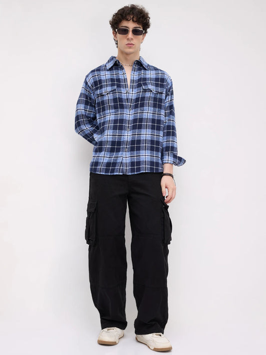 Blue Tartan Checkered Double Pocket Flannel Shirt