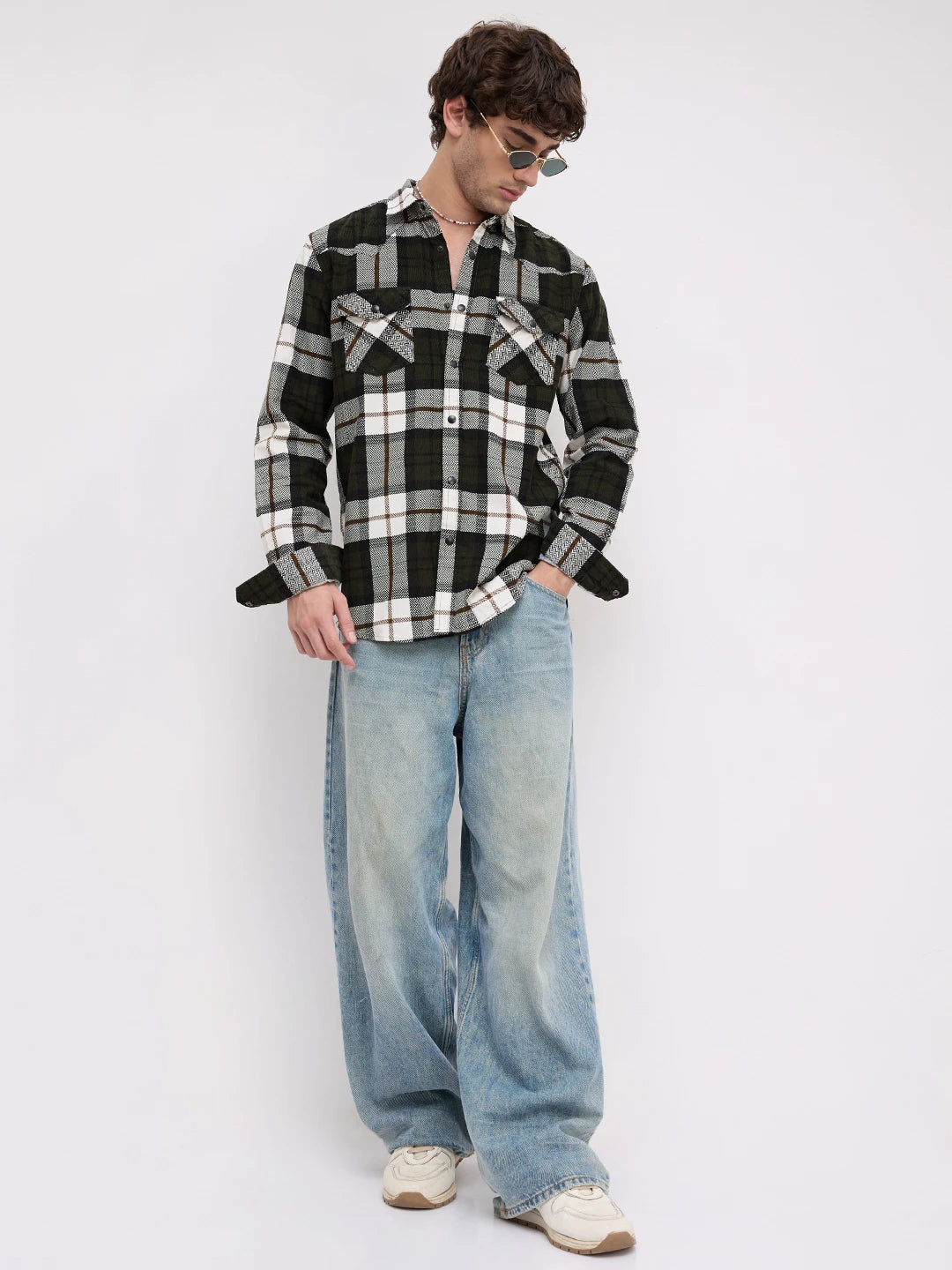 Olive & White Herringbone Weave Checked Flannel Corduroy Shirt