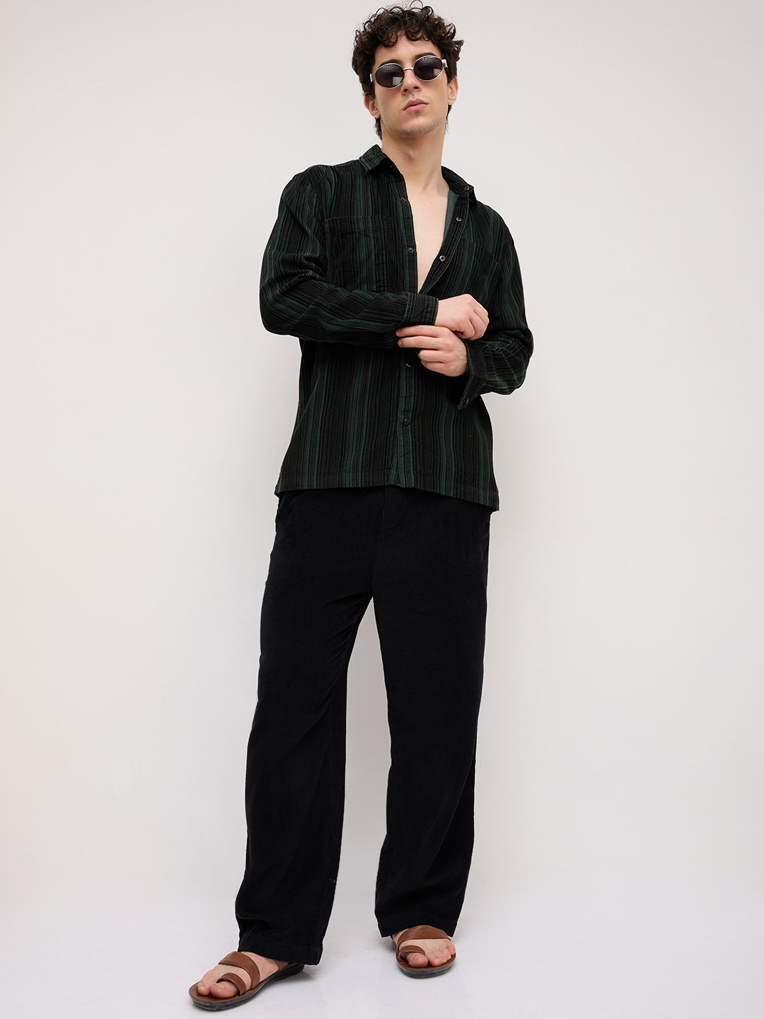 Dark Green Striped Double Pocket Corduroy Shirt