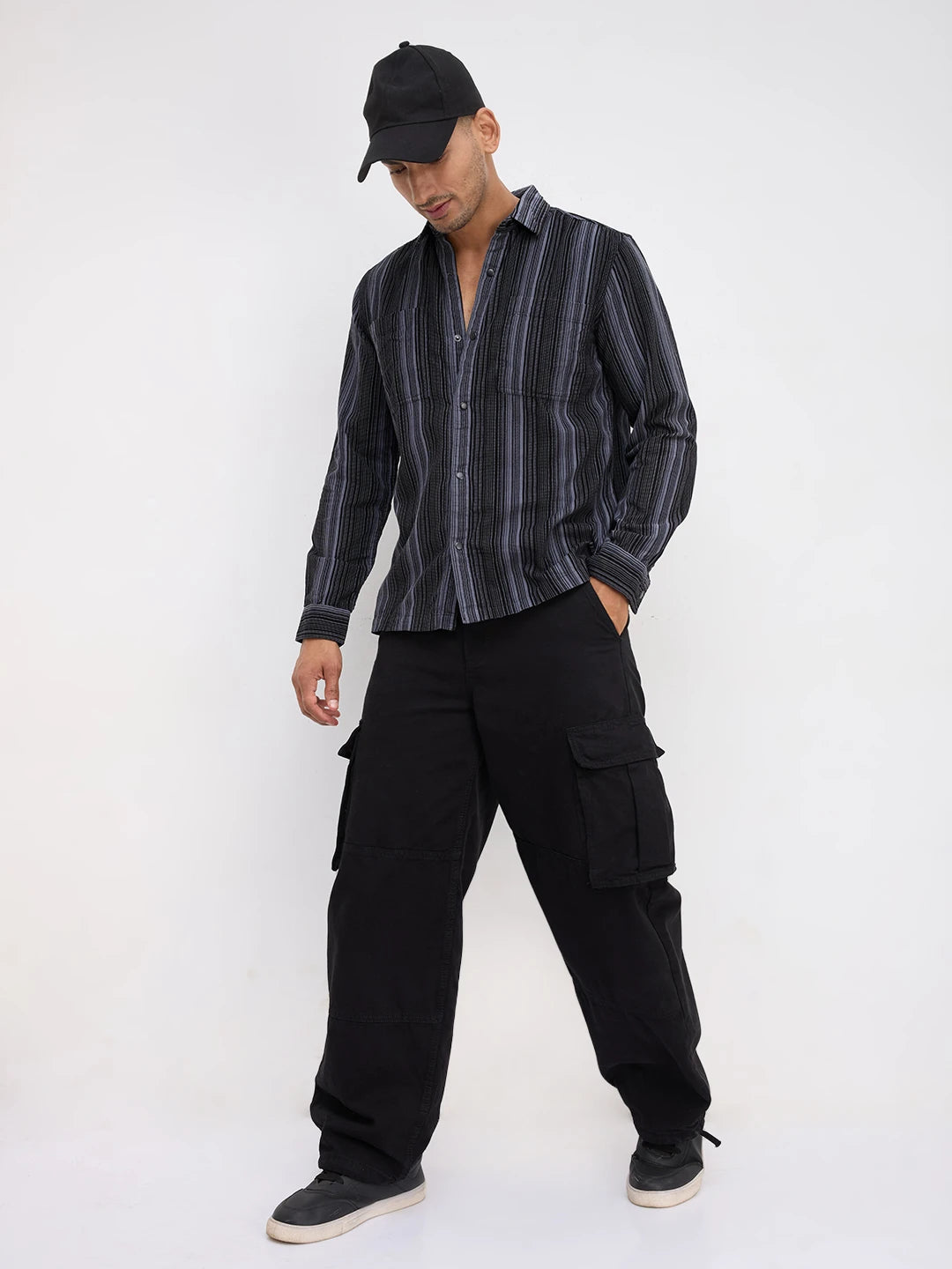 Graphite Striped Double Pocket Corduroy Shirt
