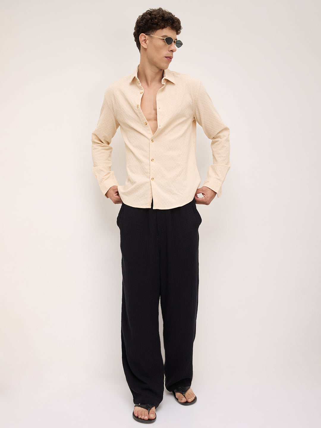 Oyster Cream Geometric Textured Shirt