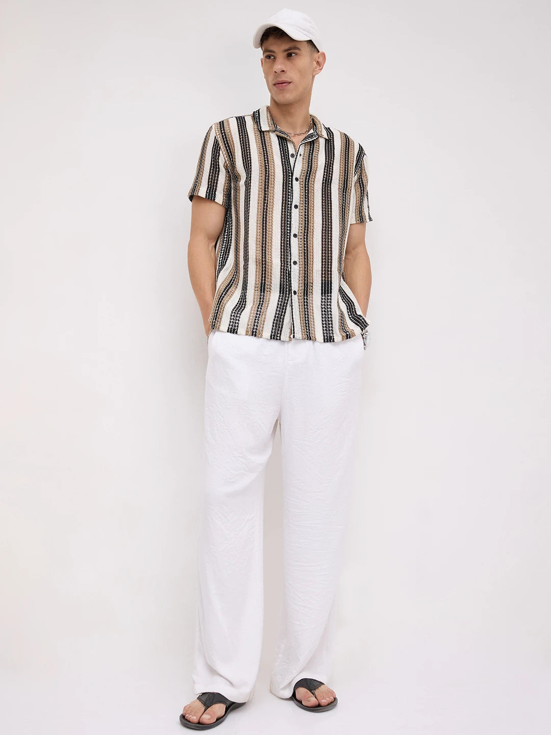 White Boho Weave Striped Crochet Shirt