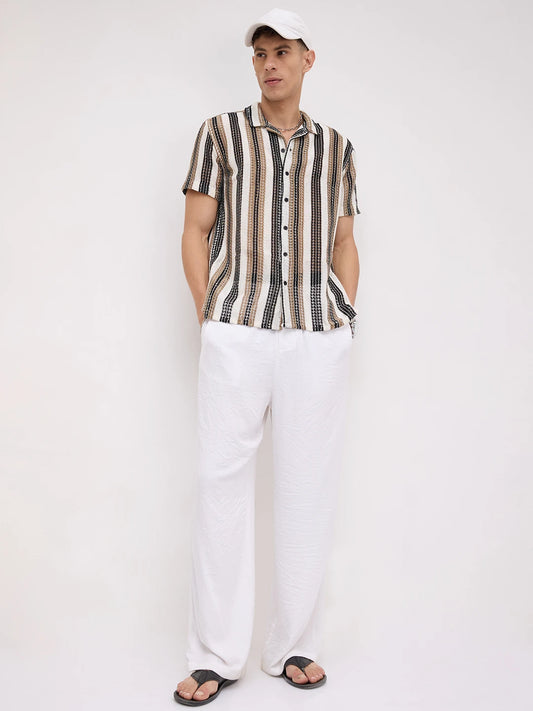 White Boho Weave Striped Crochet Shirt