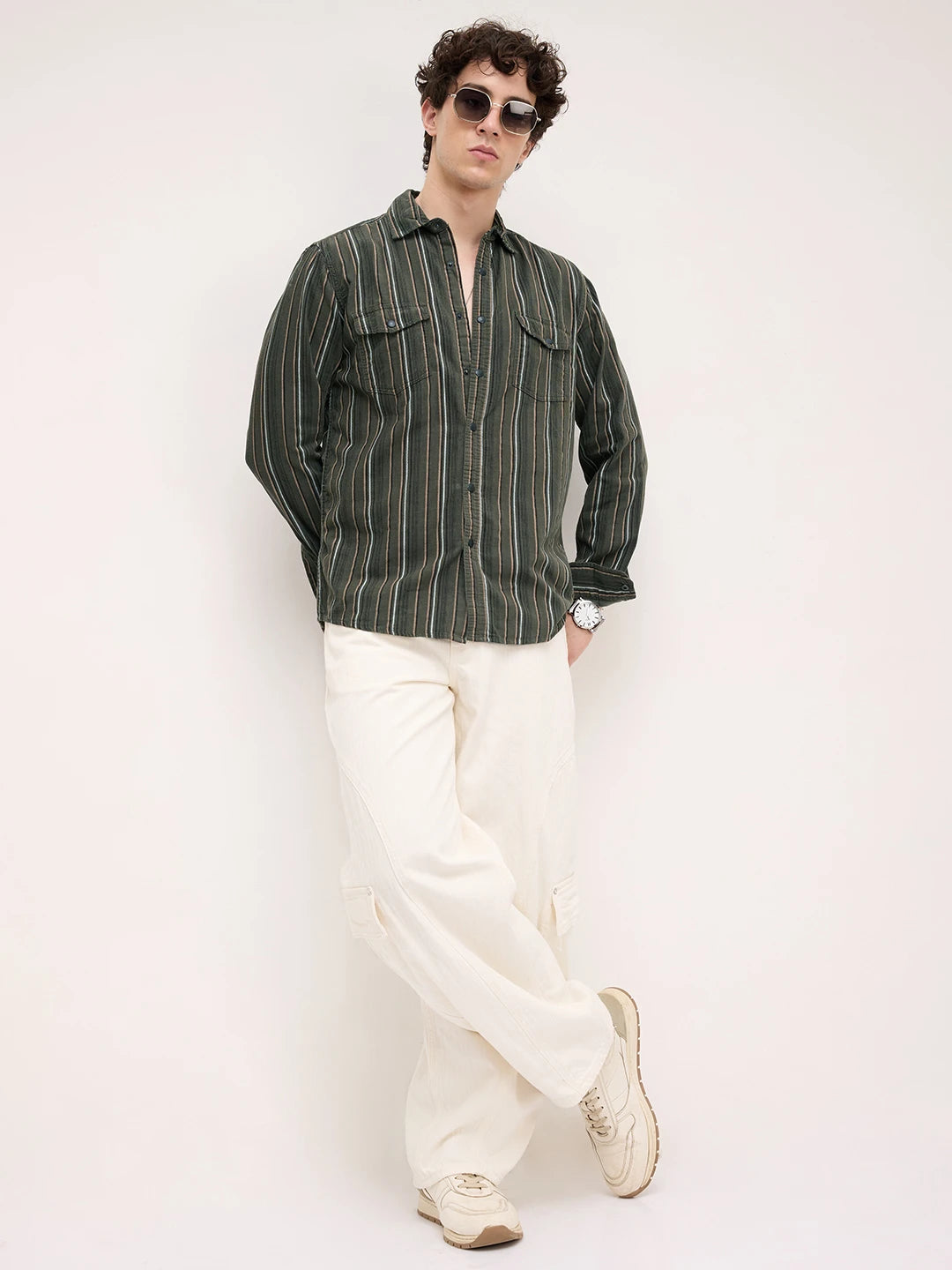Forest Vibe Multi-Stripe Olive Twin Pocket Corduroy Shirt