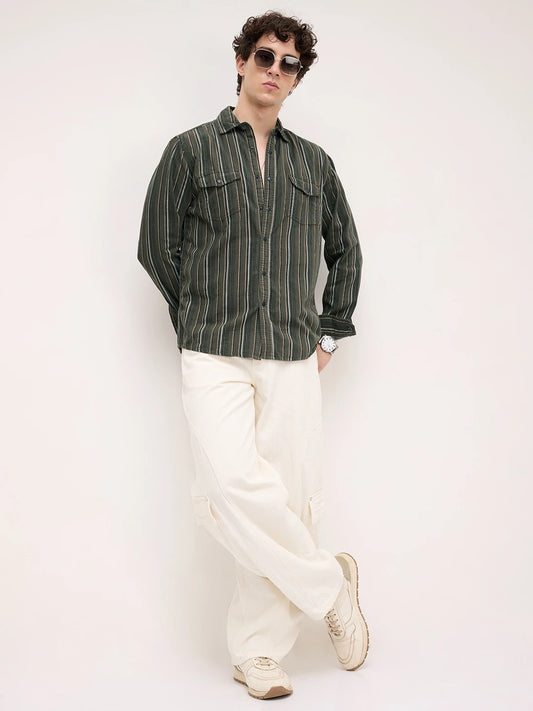 Forest Vibe Multi-Stripe Olive Twin Pocket Corduroy Shirt