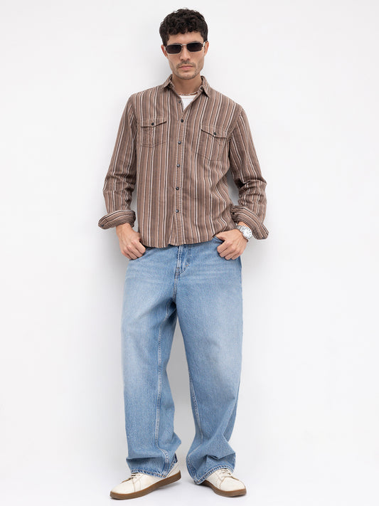 Rustic Bark Brown Multi-Stripe Twin Pocket Corduroy Shirt