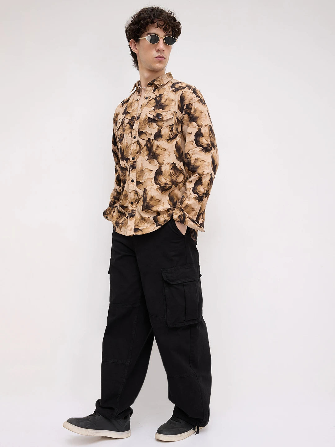 Rustic Beige Botanical Printed Double Pocket Corduroy Shirt