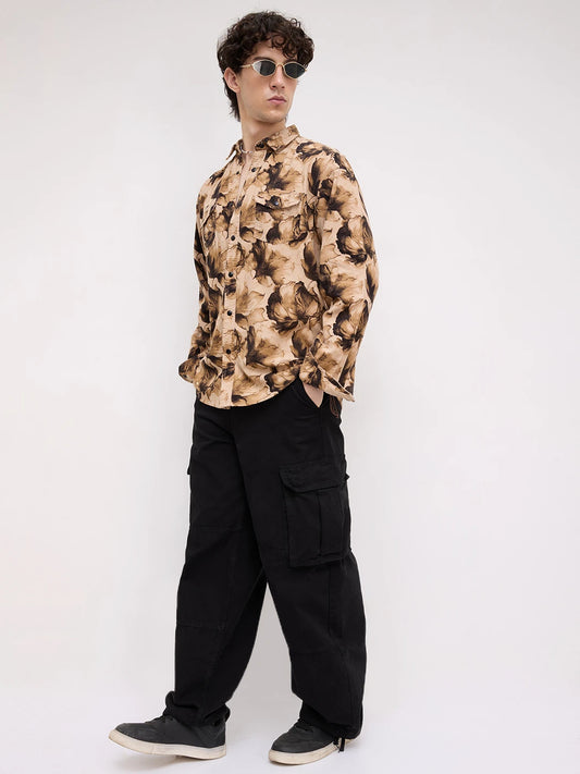 Rustic Beige Botanical Printed Double Pocket Corduroy Shirt