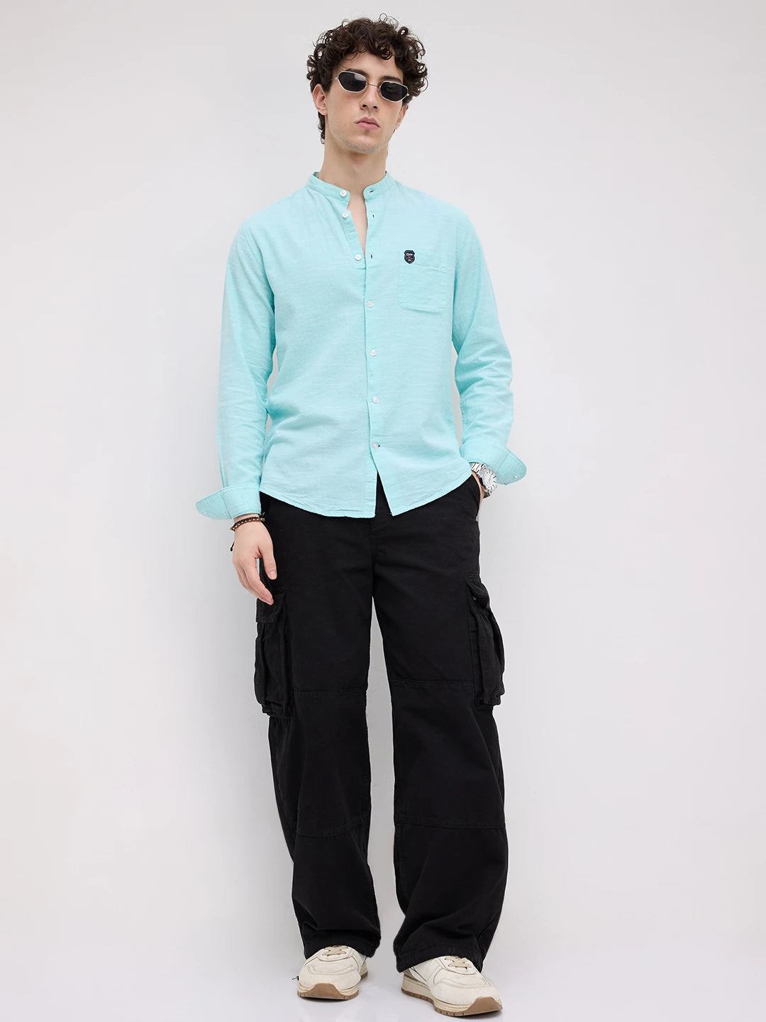 Spring Blue Textured Mandarin Collar Shirt