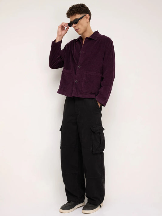 Exquisite Wine Corduroy Double Pocket Oversized Shacket