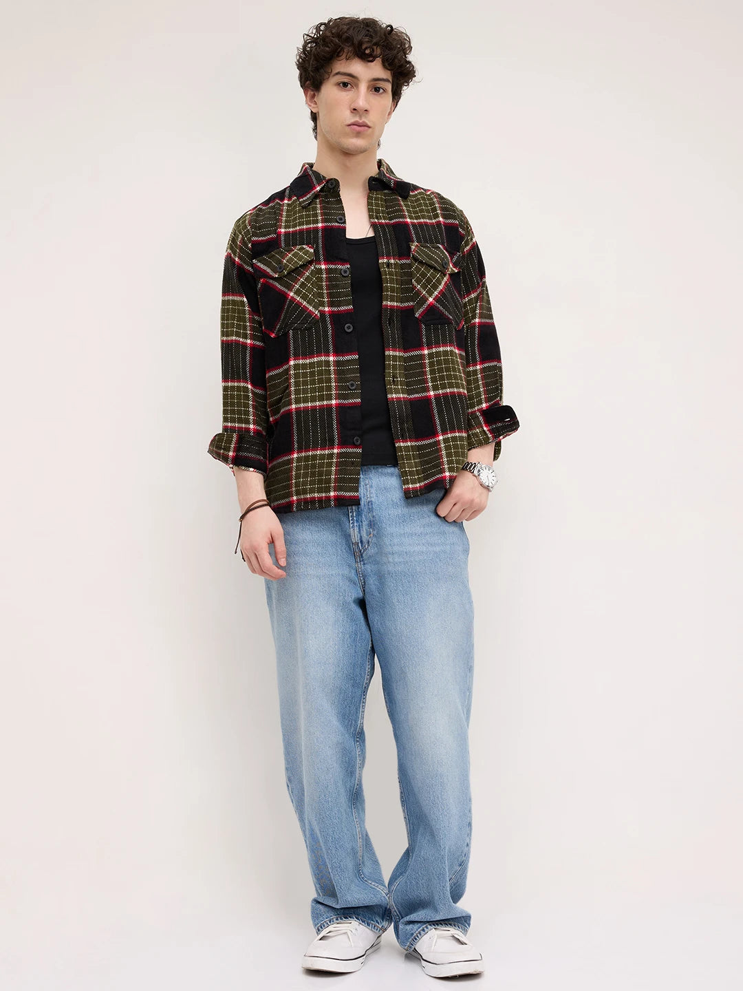 Premium Red & Olive Checks Double Pocket Boxy Fit Crop Shirt