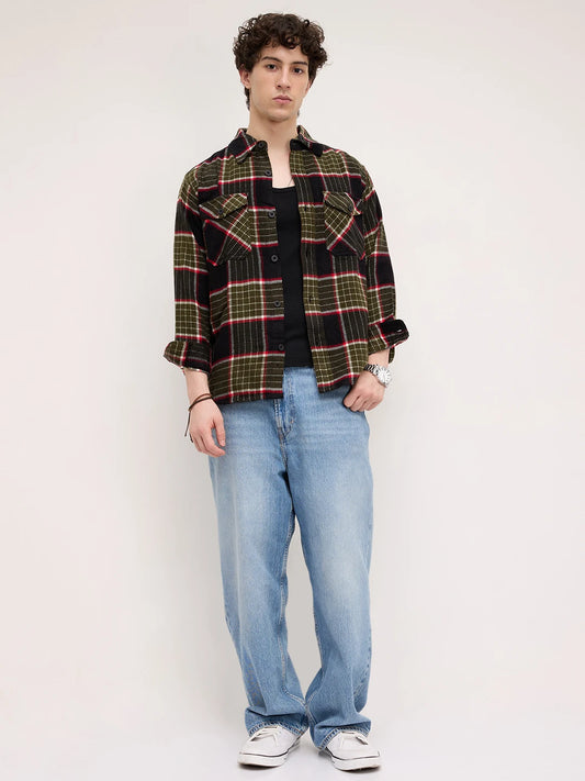 Premium Red & Olive Checks Double Pocket Boxy Fit Crop Shirt