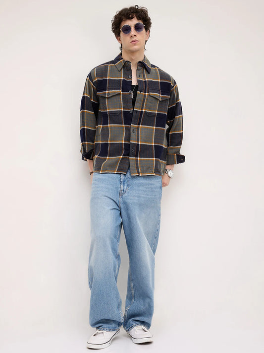Elevated Multicolor Checks Double Pocket Boxy Fit Flannel Crop Shirt
