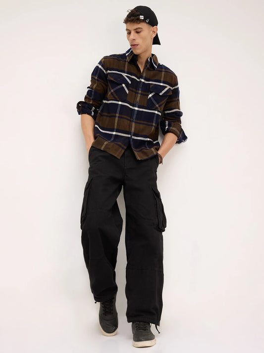 Walnut Brown & Navy Plaid Checks Double Pocket Flannel Shirt