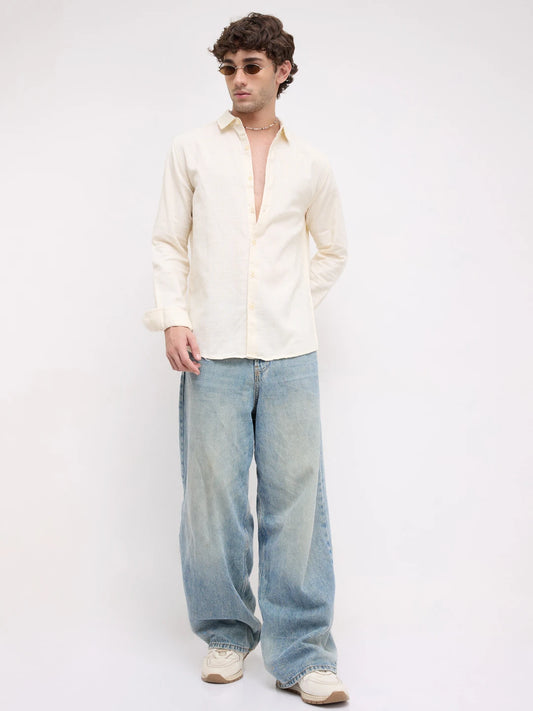 Pearl Cream Micro Grid Weave Textured Shirt