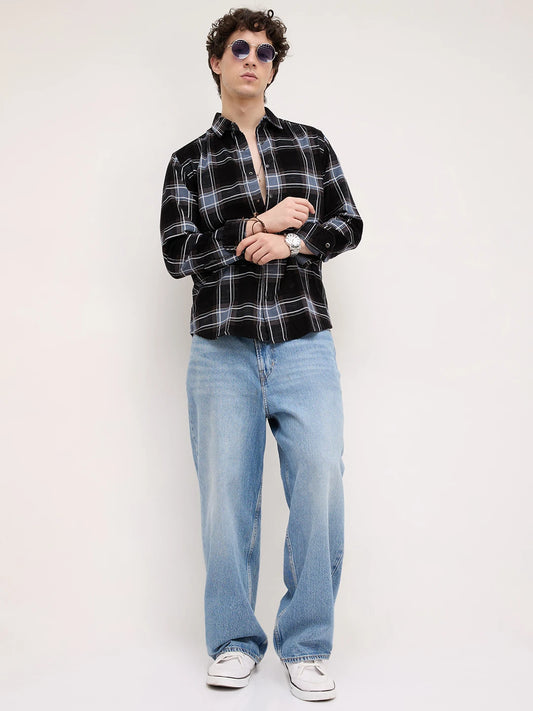 Refined Black & Blue Corduroy Plaid Checks Flannel Shirt